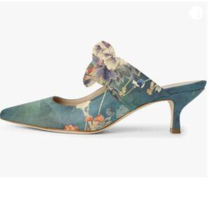 FOWT Pointed Toe Slip On Mules with Bow, Low Kitten Heel Backless Dress Sandals